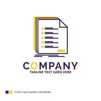 Company Name Logo Design For Check. filing. list. listing. registration. Purple and yellow Brand Name Design with place for Tagline. Creative Logo template for Small and Large Business. vector