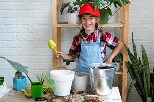 Girl transplants a potted houseplant philodendron into a new soil with drainage. Potted plant care, watering, fertilizing, hand sprinkle the mixture with a scoop and tamp it in a pot. Hobby photo