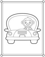 lindo mono conduciendo un coche adecuado para la ilustración de vector de página de color de los niños