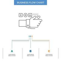 Monitoring. Technology. Fitness. Heart. Pulse Business Flow Chart Design with 3 Steps. Line Icon For Presentation Background Template Place for text vector