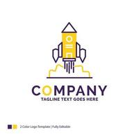 Company Name Logo Design For Rocket. spaceship. startup. launch. Game. Purple and yellow Brand Name Design with place for Tagline. Creative Logo template for Small and Large Business. vector