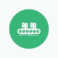 Belt. box. conveyor. factory. line White Glyph Icon in Circle. Vector Button illustration