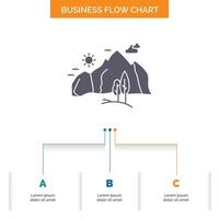 hill. landscape. nature. mountain. tree Business Flow Chart Design with 3 Steps. Glyph Icon For Presentation Background Template Place for text. vector