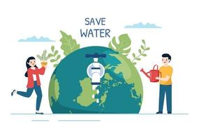 Water Saving Templates Hand Drawn Flat Cartoon Illustration for Mineral Savings Campaign with Faucet and Earth Concept vector