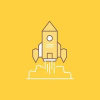 cohete. astronave. puesta en marcha. lanzar. icono lleno de línea plana de juego. hermoso botón de logotipo sobre fondo amarillo para ui y ux. sitio web o aplicación móvil vector