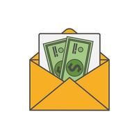 Icon of an open envelope with money. Dollar accounts. Salary, earnings and savings concept. Flat style illustration vector