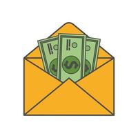 Icon of an open envelope with money. Dollar accounts. Salary, earnings and savings concept. Flat style illustration vector