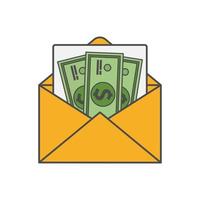 Icon of an open envelope with money. Dollar accounts. Salary, earnings and savings concept. Flat style illustration vector