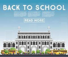 Back to School. Banner with School Bus, Building and Students. vector