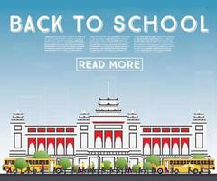 Back to School. Banner with School Bus, Building and Students. vector