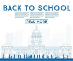 Outline Back to School. Banner with School Bus, Building and Students. vector