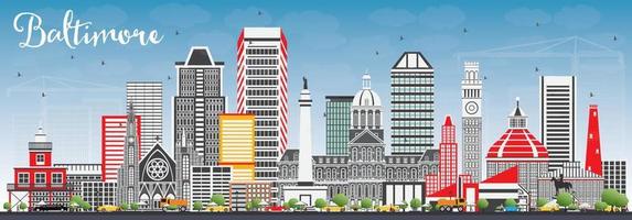 Baltimore Skyline with Gray Buildings and Blue Sky. vector