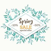 Spring sale background banner with beautiful watercolor leaves. vector