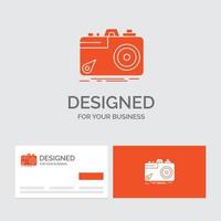 Business logo template for Camera. photography. capture. photo. aperture. Orange Visiting Cards with Brand logo template. vector