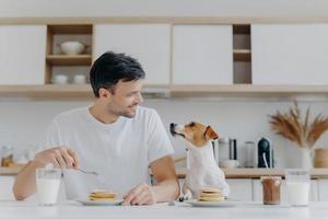 Handsome brunet male looks gladfully at his pet, has sweet dessert for breakfast, enjoys weekend has good relationship with pet pose at kitchen interior in modern apartment. People, nutrition, animals photo