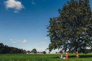 Portrait of beautiful nature and family who has picnic in background sits under big tree. Blue sky and green grass. Charming autumn weather and landscapes. Three people drink tea outdoors on meadow photo