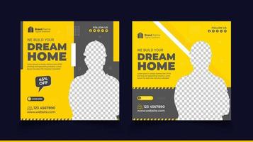 Construction social media post banner design Template with yellow color, Corporate construction tools social media post design, home improvement banner template, home repair social media post banner. vector