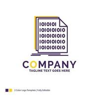 Company Name Logo Design For Binary. code. coding. data. document. Purple and yellow Brand Name Design with place for Tagline. Creative Logo template for Small and Large Business. vector