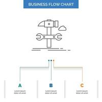 construir. ingeniería. martillo. reparar. diseño de diagrama de flujo de negocio de servicio con 3 pasos. icono de línea para el lugar de plantilla de fondo de presentación para texto vector