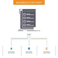 Check. checklist. list. task. to do Business Flow Chart Design with 3 Steps. Glyph Icon For Presentation Background Template Place for text. vector