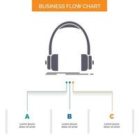 audio. auricular. auriculares. monitor. diseño de diagrama de flujo de negocios de estudio con 3 pasos. icono de glifo para el lugar de plantilla de fondo de presentación para texto. vector