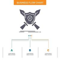 Badge. emblem. game. shield. swords Business Flow Chart Design with 3 Steps. Glyph Icon For Presentation Background Template Place for text. vector