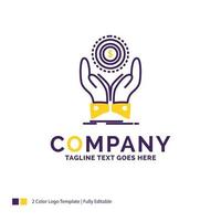 diseño del logotipo del nombre de la empresa para moneda, mano, pila, dólar, ingresos. diseño de marca púrpura y amarillo con lugar para eslogan. vector