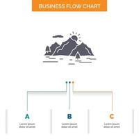 Mountain. hill. landscape. nature. tree Business Flow Chart Design with 3 Steps. Glyph Icon For Presentation Background Template Place for text. vector
