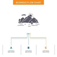montaña. Cerro. paisaje. naturaleza. diseño de diagrama de flujo de negocio de árbol con 3 pasos. icono de glifo para el lugar de plantilla de fondo de presentación para texto. vector
