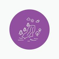 waterfall. tree. pain. clouds. nature White Line Icon in Circle background. vector icon illustration