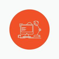 workplace. workstation. office. lamp. computer White Line Icon in Circle background. vector icon illustration