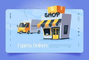 Express delivery banner with truck and shop vector