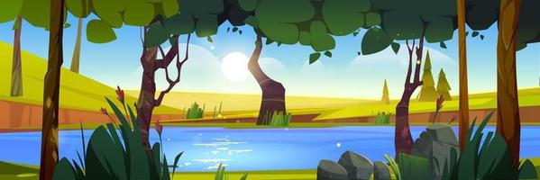 Summer landscape with river in forest and fields vector