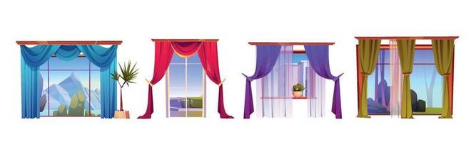 Windows with curtains and outside view, decoration vector