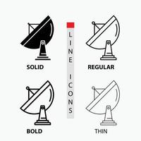 satellite, antenna, radar, space, dish Icon in Thin, Regular, Bold Line and Glyph Style. Vector illustration