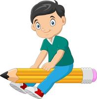 niño de dibujos animados montando un lápiz volador vector