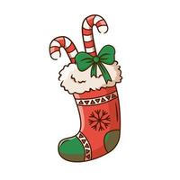 Christmas colorful sock with lollipops and a bow. Vector illustration.