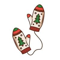 Cute Christmas mittens on a string with a Christmas tree pattern. A simple piece of winter clothing. Vector illustration isolated on a white background.