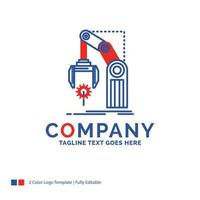 Company Name Logo Design For Automation. factory. hand. mechanism. package. Blue and red Brand Name Design with place for Tagline. Abstract Creative Logo template for Small and Large Business. vector