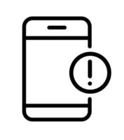 Mobile phone icon with exclamation mark vector sign in line art style on white background. Smartphone logo and alert, error, alarm, danger symbol