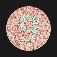 Ishihara test for color blindness. Color blind test. Green number 9 for colorblind people. Vision deficiency. Vector illustration.