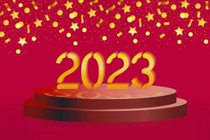 New Year 2023 in 3d style. Podium with circles, stars, ribbons on a red horizontal background. Gold design. Vector illustration.