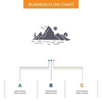 Nature. hill. landscape. mountain. tree Business Flow Chart Design with 3 Steps. Glyph Icon For Presentation Background Template Place for text. vector