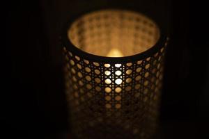 Lamp in dark. Object in interior. Lampshade for lamp. photo