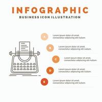 artículo. Blog. historia. máquina de escribir. plantilla de infografía de escritor para sitio web y presentación. icono de línea gris con ilustración de vector de estilo infográfico naranja