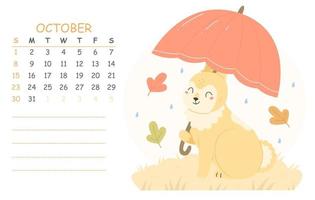 October children's calendar for 2023 with an illustration of a cute rabbit with a red umbrella. 2023 is the year of the rabbit. Vector autumn illustration calendar page.