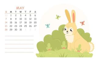 May children's calendar for 2023 with an illustration of a cute rabbit growing carrots in the garden. 2023 is the year of the rabbit. Vector spring illustration calendar page.