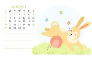 August children's calendar for 2023 with an illustration of a cute rabbit playing with a ball. 2023 is the year of the rabbit. Vector summer illustration calendar page.