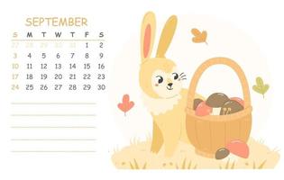 calendario infantil de septiembre para 2023 con una ilustración de un lindo conejo con una canasta de champiñones. 2023 es el año del conejo. página de calendario de ilustración vectorial de otoño. vector