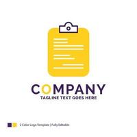 Company Name Logo Design For report. medical. paper. checklist. document. Purple and yellow Brand Name Design with place for Tagline. Creative Logo template for Small and Large Business. vector